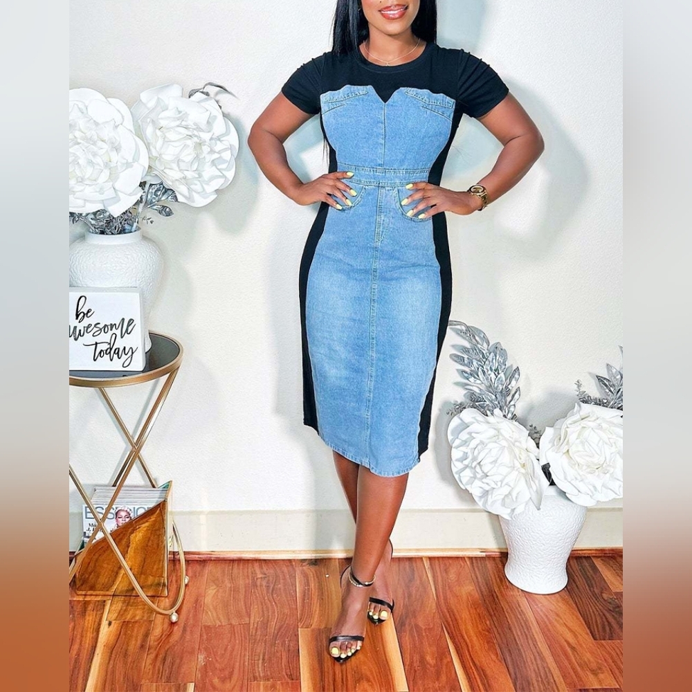 Denim & Black Panel Bodycon Dress - Women